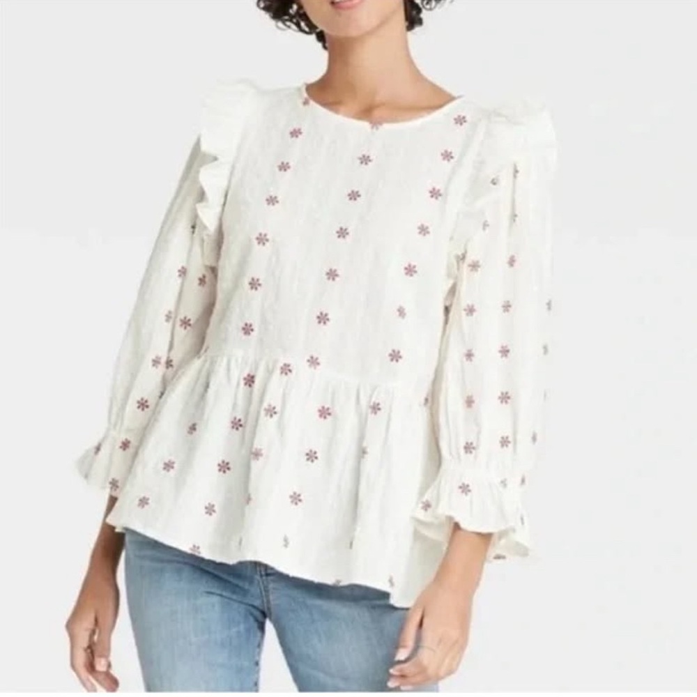 Universal Thread White Peplum Blouse with Ruffled Sleeves